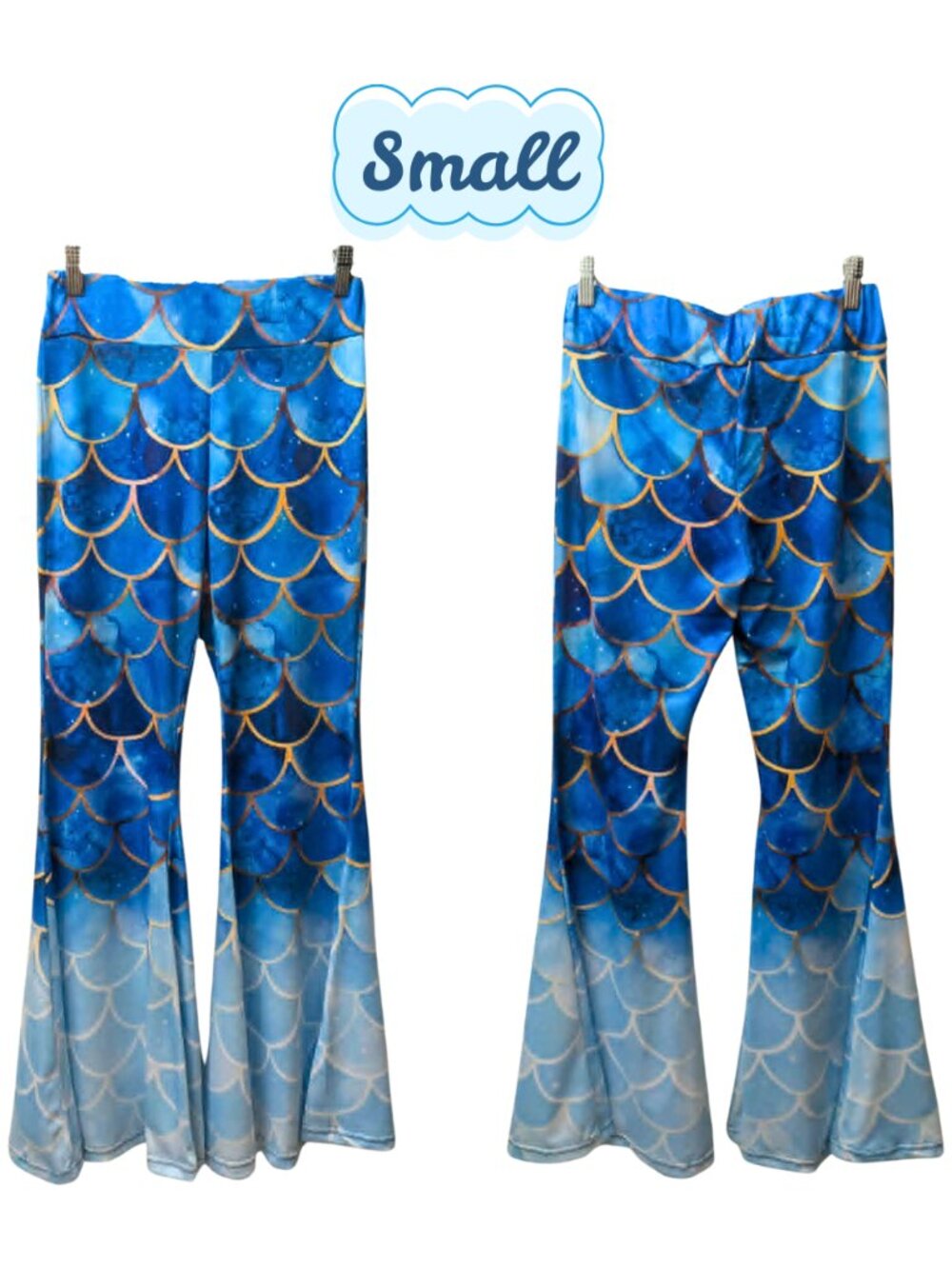 Blue Mermaid Scale Bell Bottom Pants Fairycore Rave Festival Flare Leggings S